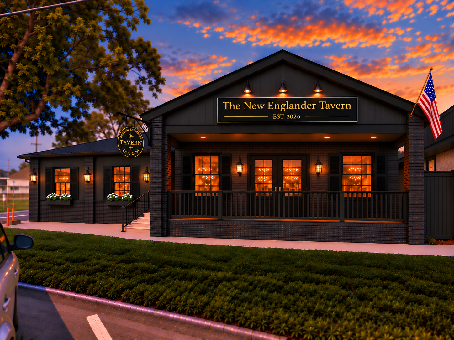 Exterior rendering of The New Englander Tavern at dusk