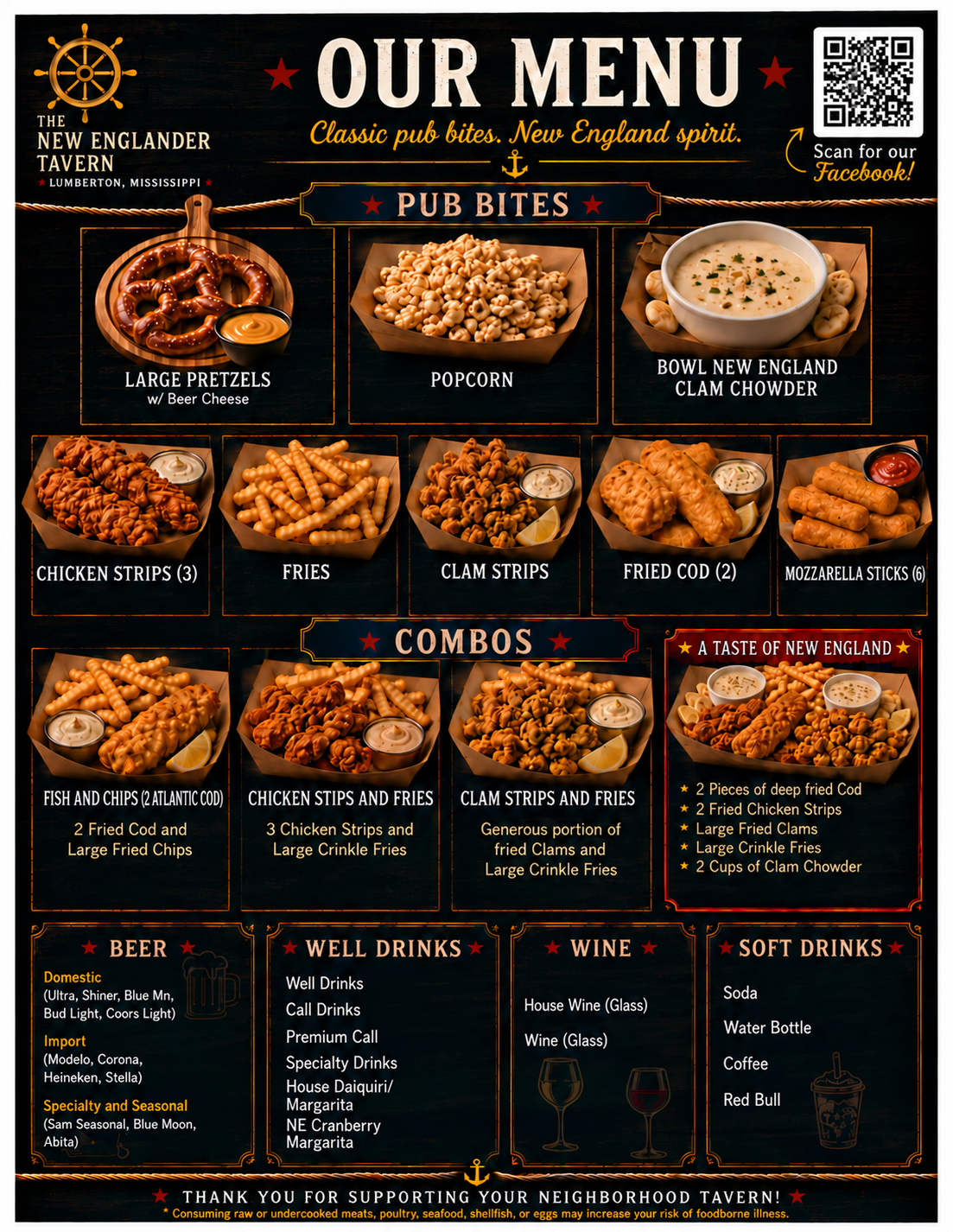 The New Englander Tavern menu featuring pub bites, combos, beer, well drinks, and soft drinks.